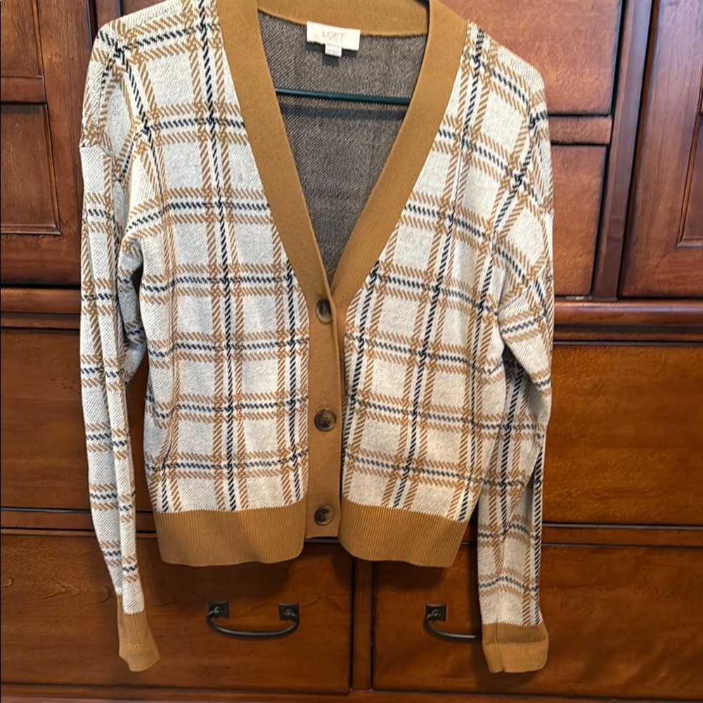 LOFT Women's Checkered Cardigan - Brown and Cream
